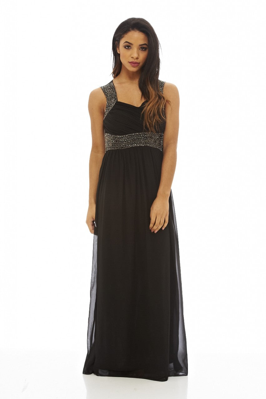 Kikodress - Black Embellished  Chiffon   Maxi Dress