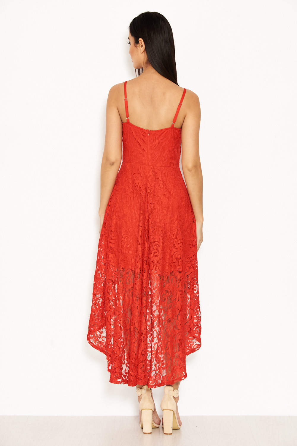 Kikodress - Red Lace Strappy Waterfall Front Dress