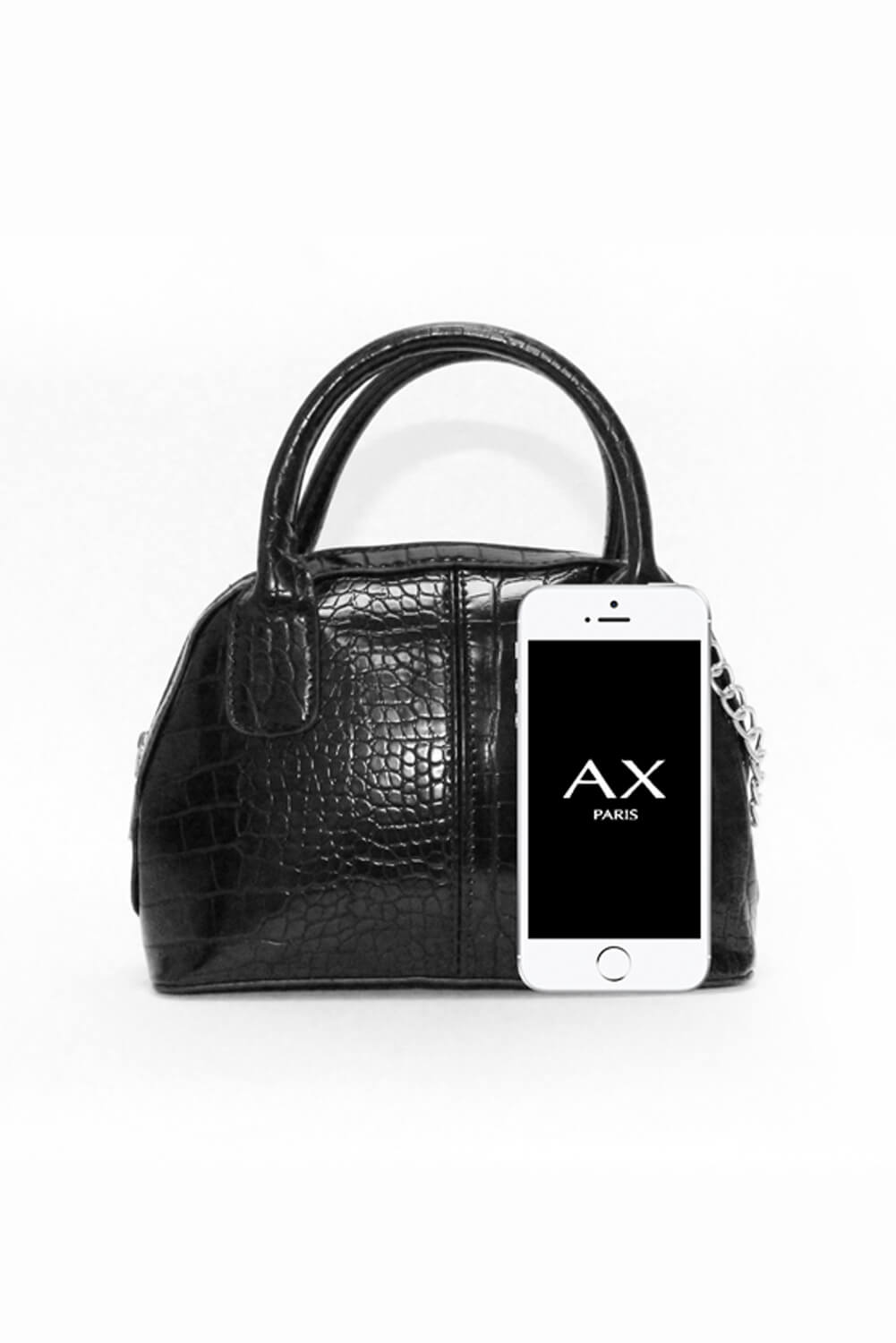 Kikodress - Black Croc Mini Bag With Silver Chain Strap