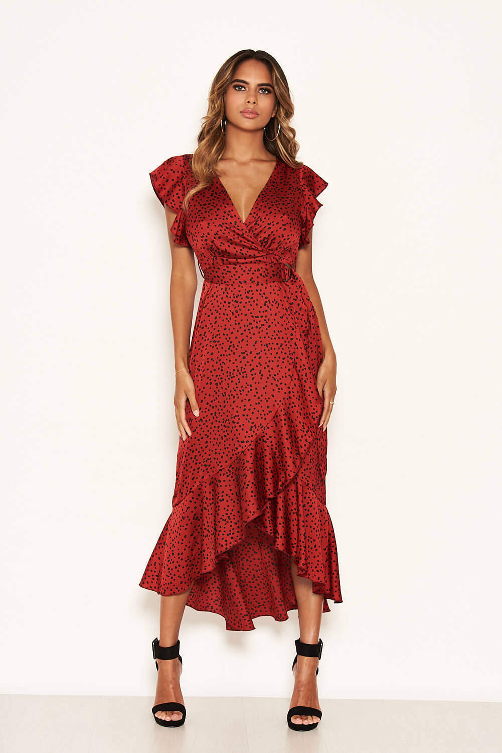 Kikodress - Red Spotty Frill Wrap Dress With D Ring Belt