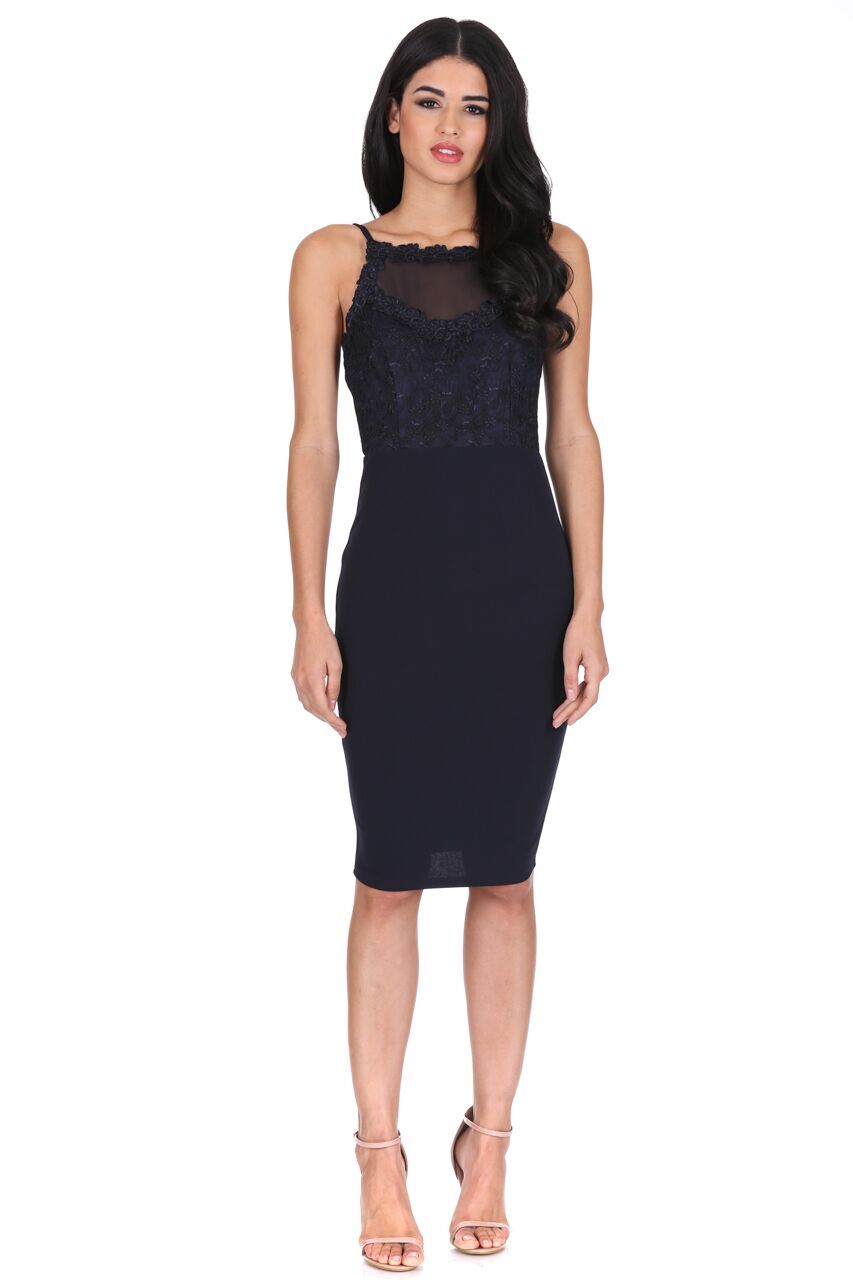 Kikodress - Navy Mesh Embroidered Midi Dress
