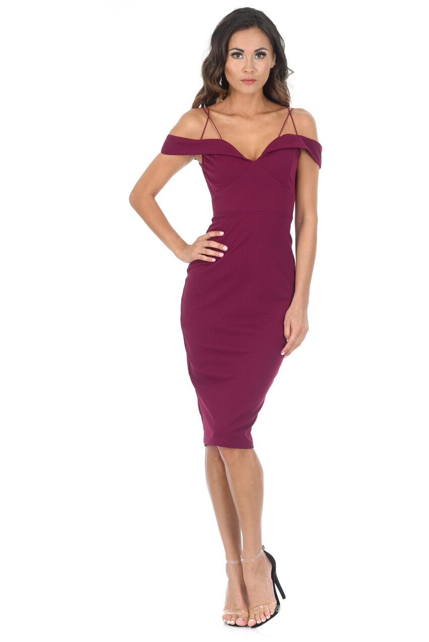 Kikodress - Plum Strappy Off The Shoulder Midi Dress