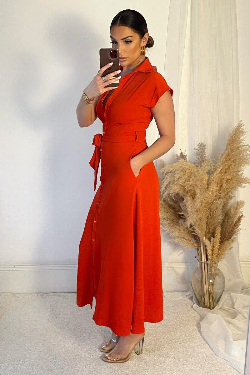 Kikodress - Burnt Orange Tie Waist Button Up Midi Dress