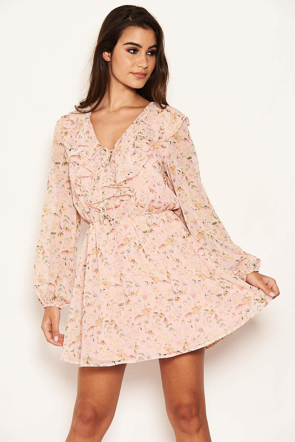 Kikodress - Pink Floral Lace up Front Frill Dress