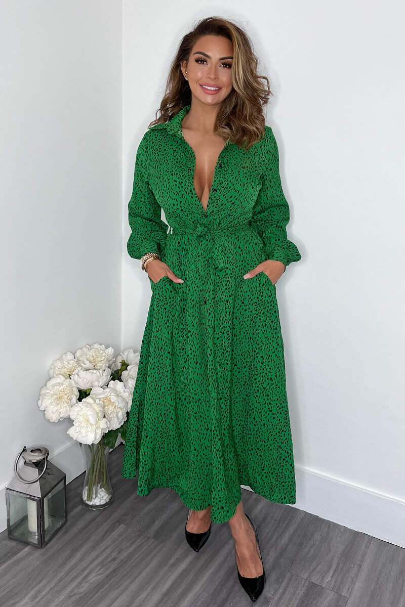 Kikodress - Green Printed Button Up Midi Shirt Dress