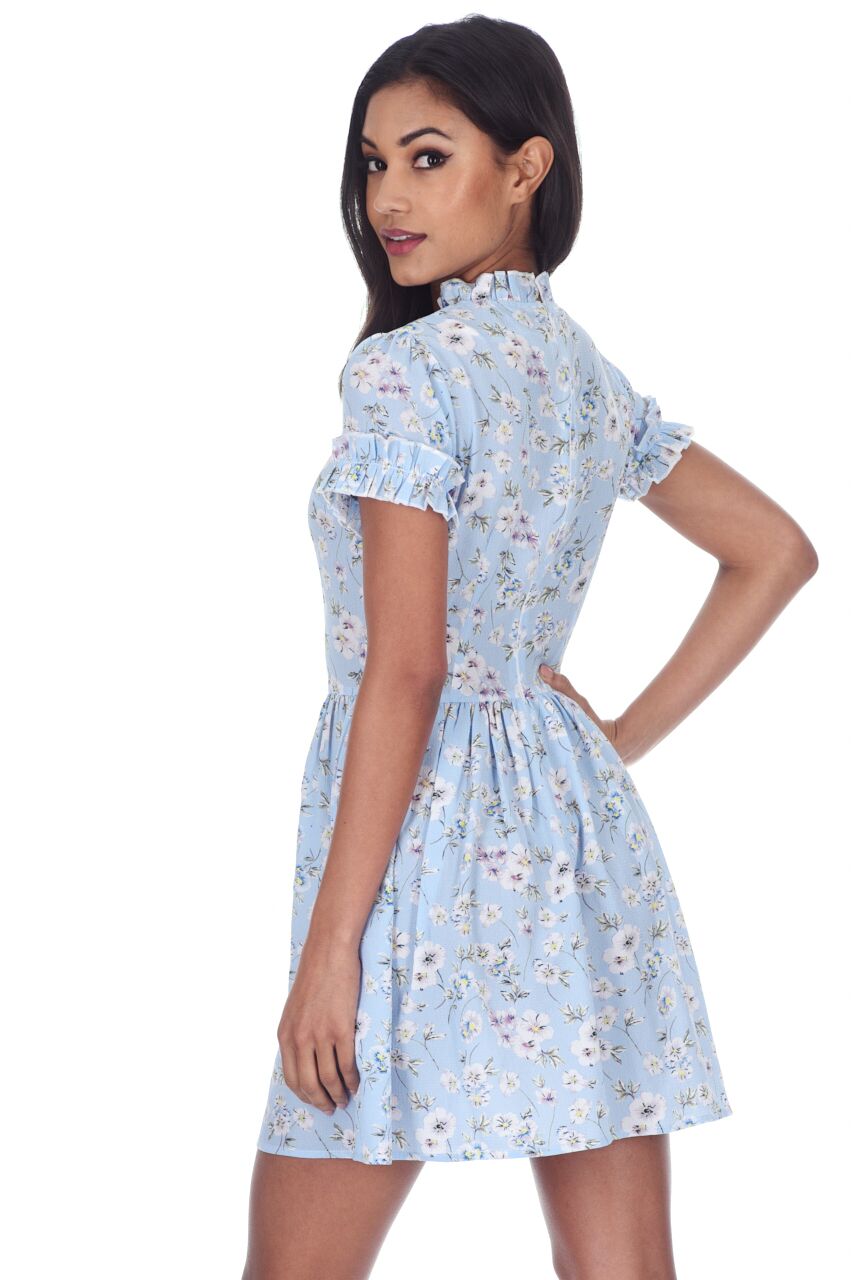 Kikodress - Blue Floral Frill Detail Mini Dress