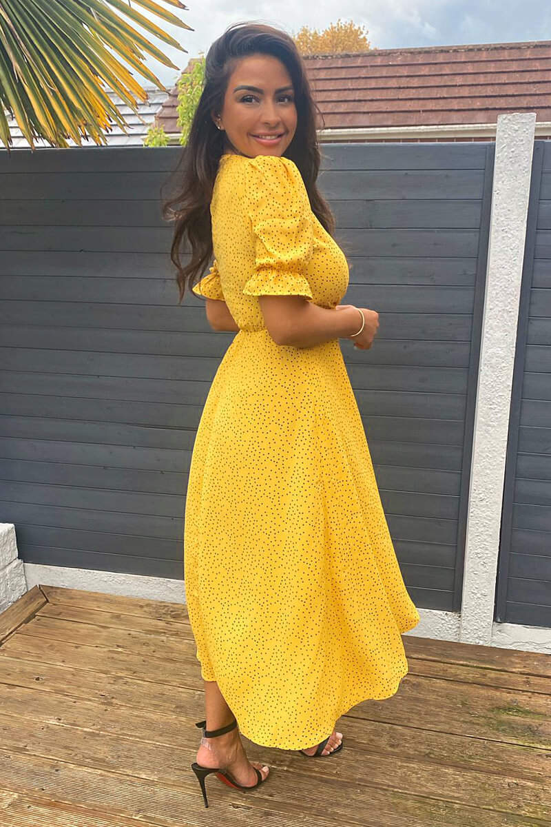 Kikodress - Yellow Polka Dot Wrap Midi Dress
