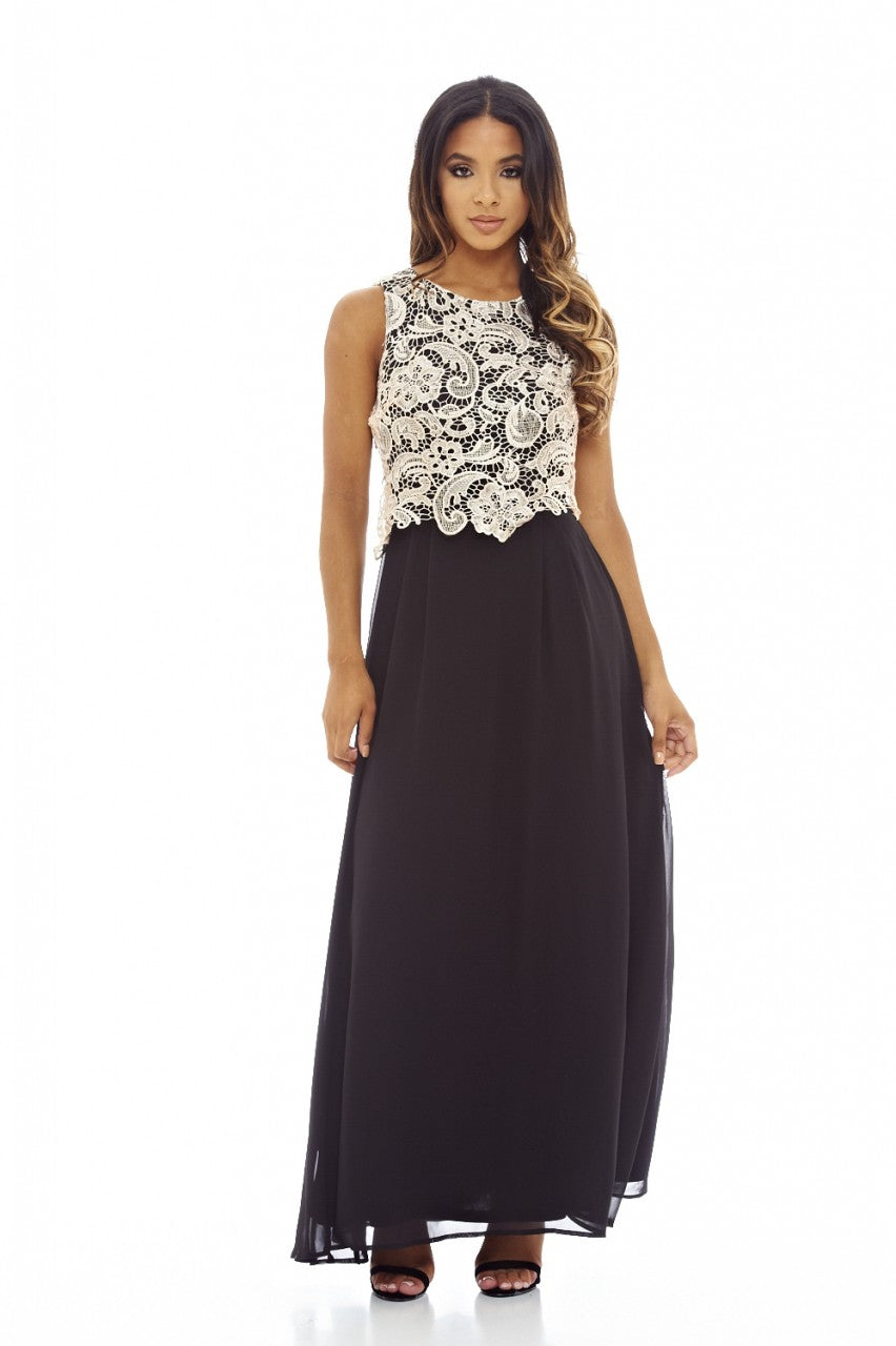 Kikodress - Nude Maxi Crochet Dress with Lace Overlay