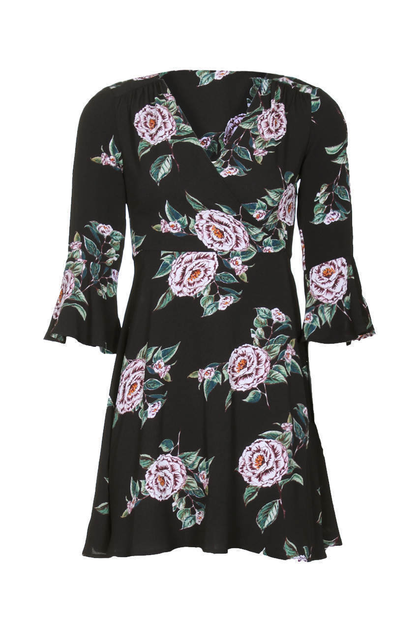 Kikodress - Black Floral V Neck Bell Sleeve Dress