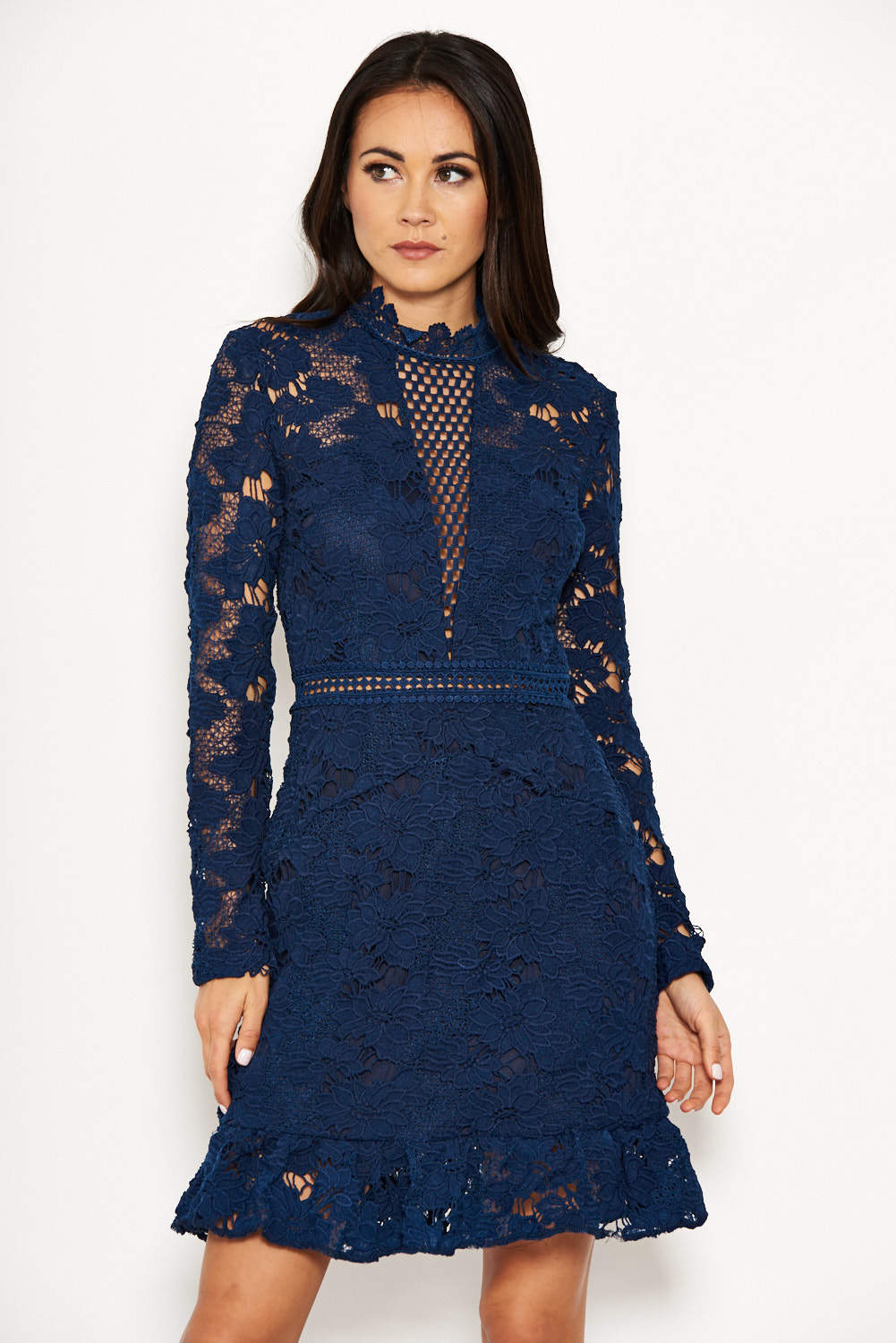 Kikodress - Navy Lace Dress With Frill Hem And Cut Out Back