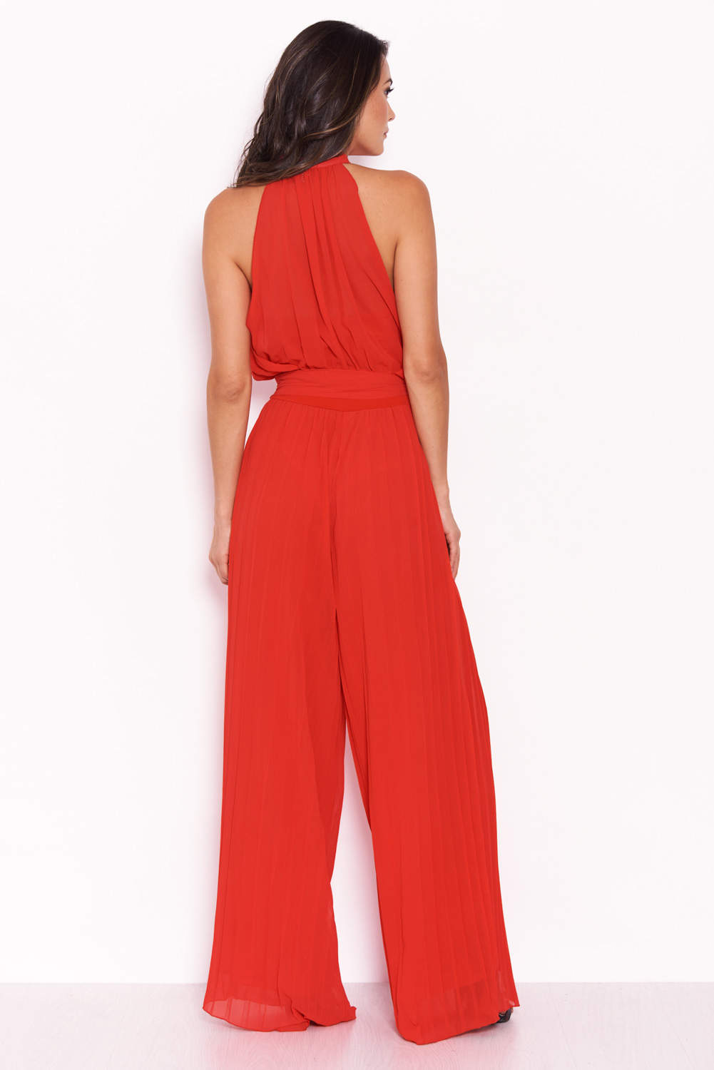 Kikodress - Red Pleated Choker Neck Jumpsuit