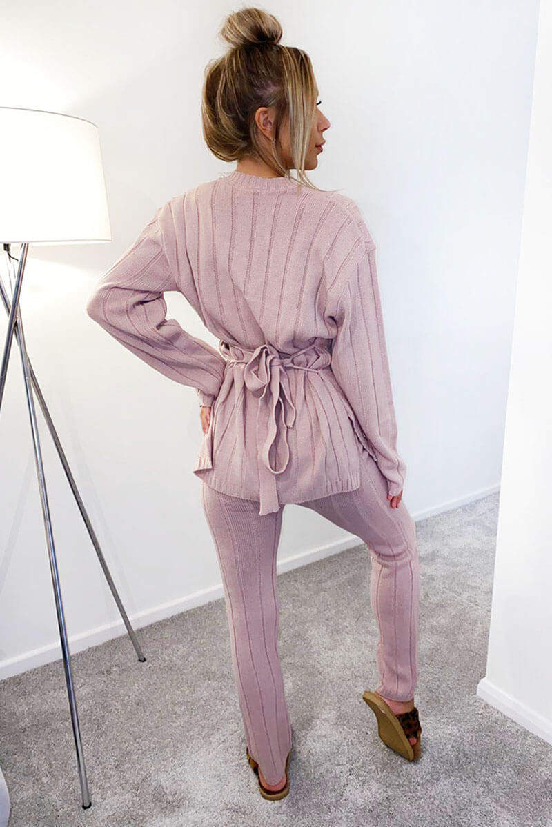 Kikodress - Pink Chunky Knit Tie Waist Lounge Suit