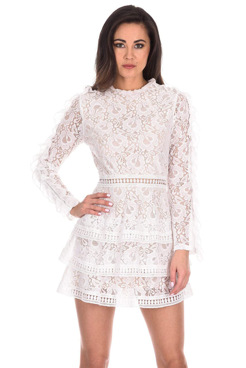 Kikodress - Cream Lace Tiered Mini Dress