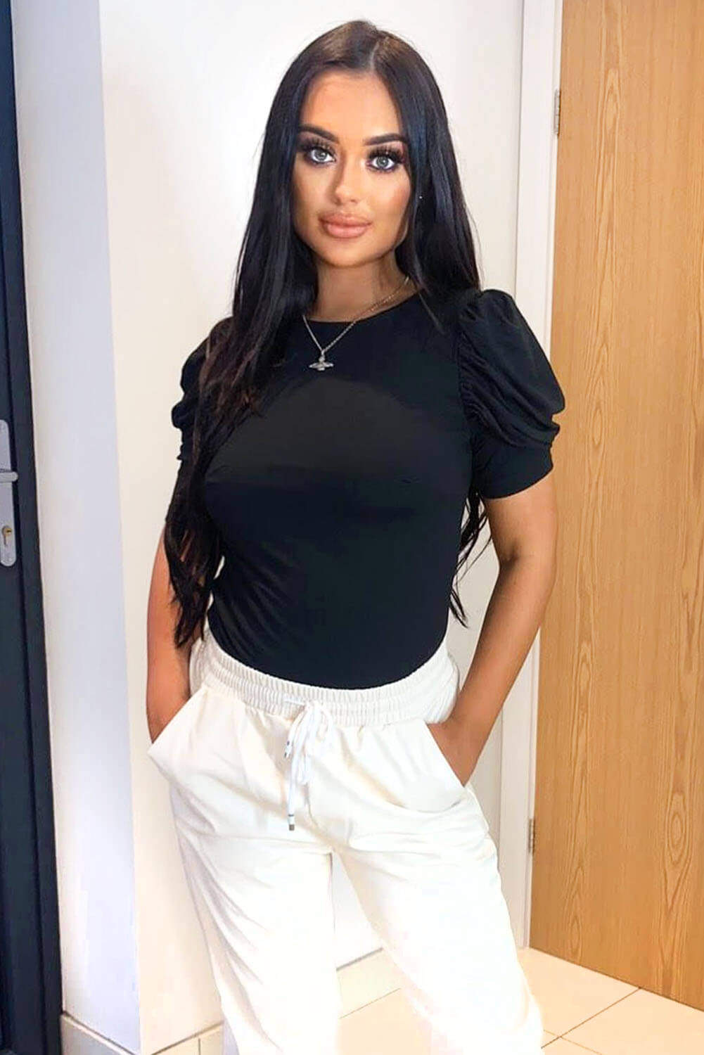 Kikodress - Black Ruched Sleeve Bodysuit