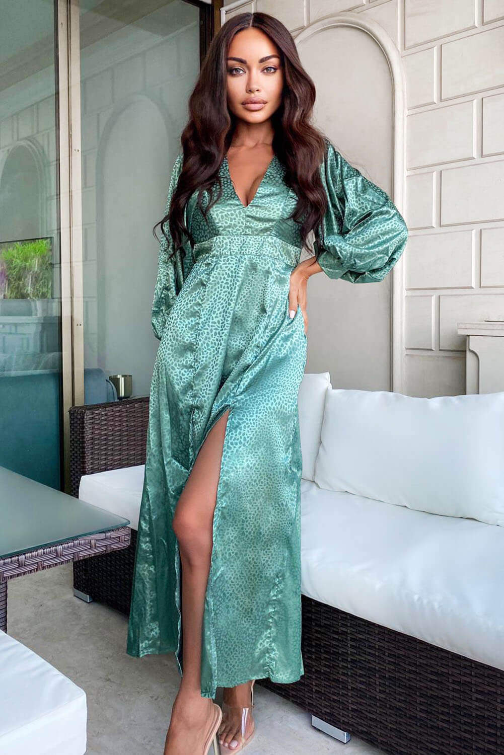 Kikodress - Duck Egg Satin Printed Maxi Dress with Front Splits