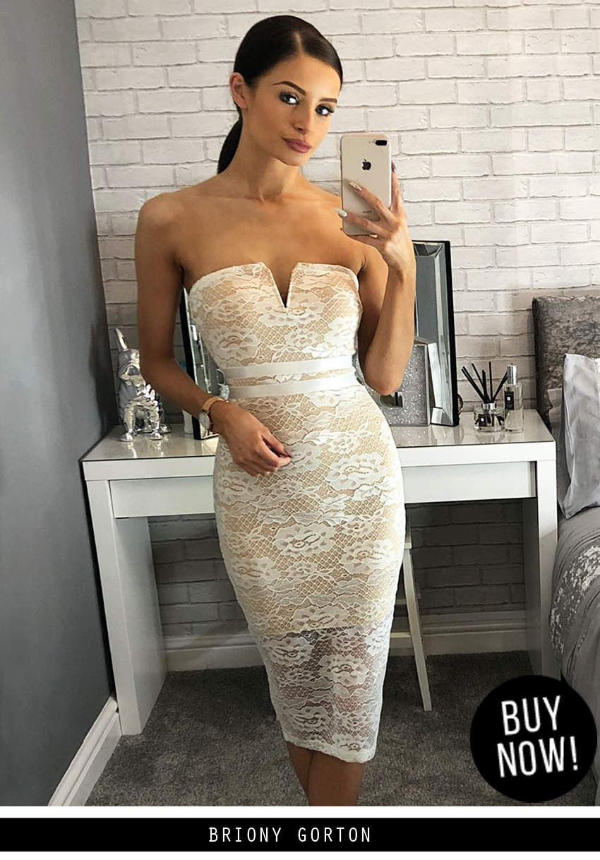 Kikodress - Cream Notch Front Lace Bodycon Midi Dress