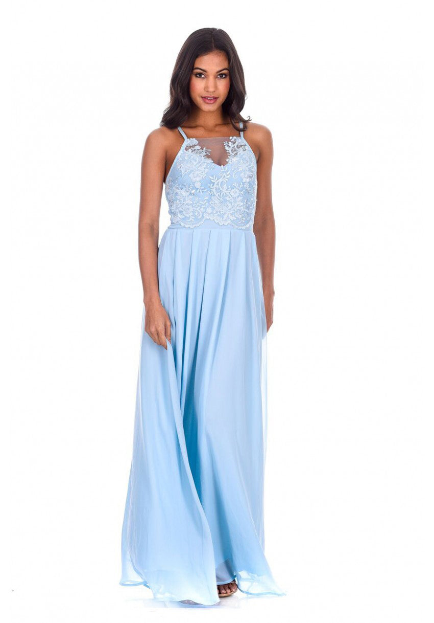 Kikodress - Blue Mesh Embroidery Maxi Dress