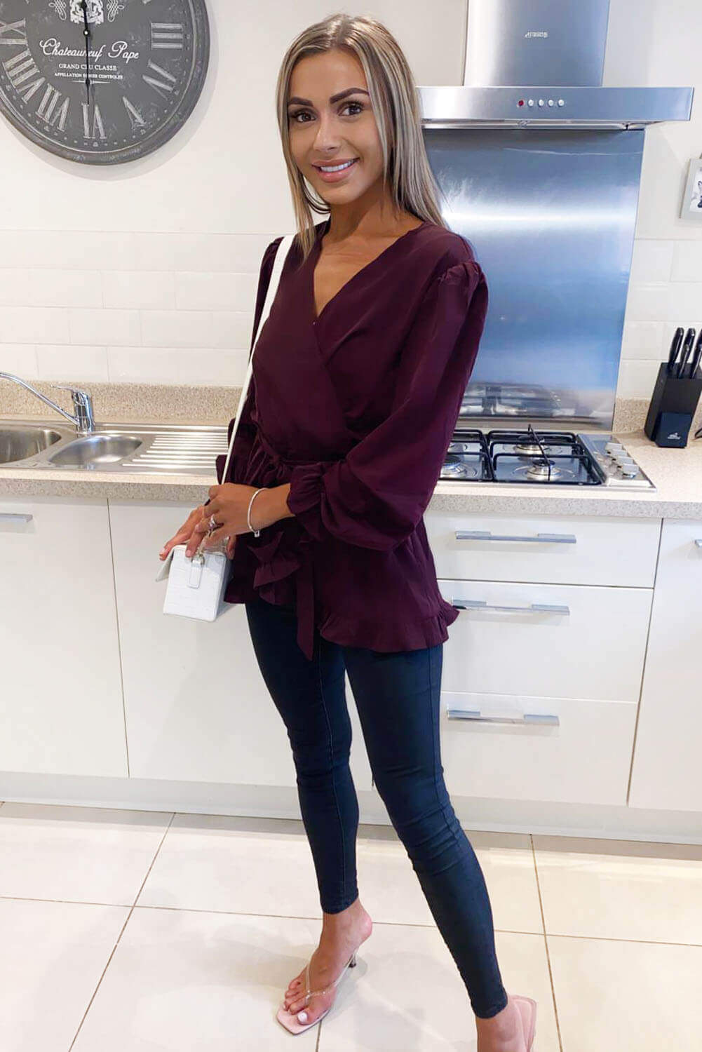 Kikodress - Plum Frill Wrap Top