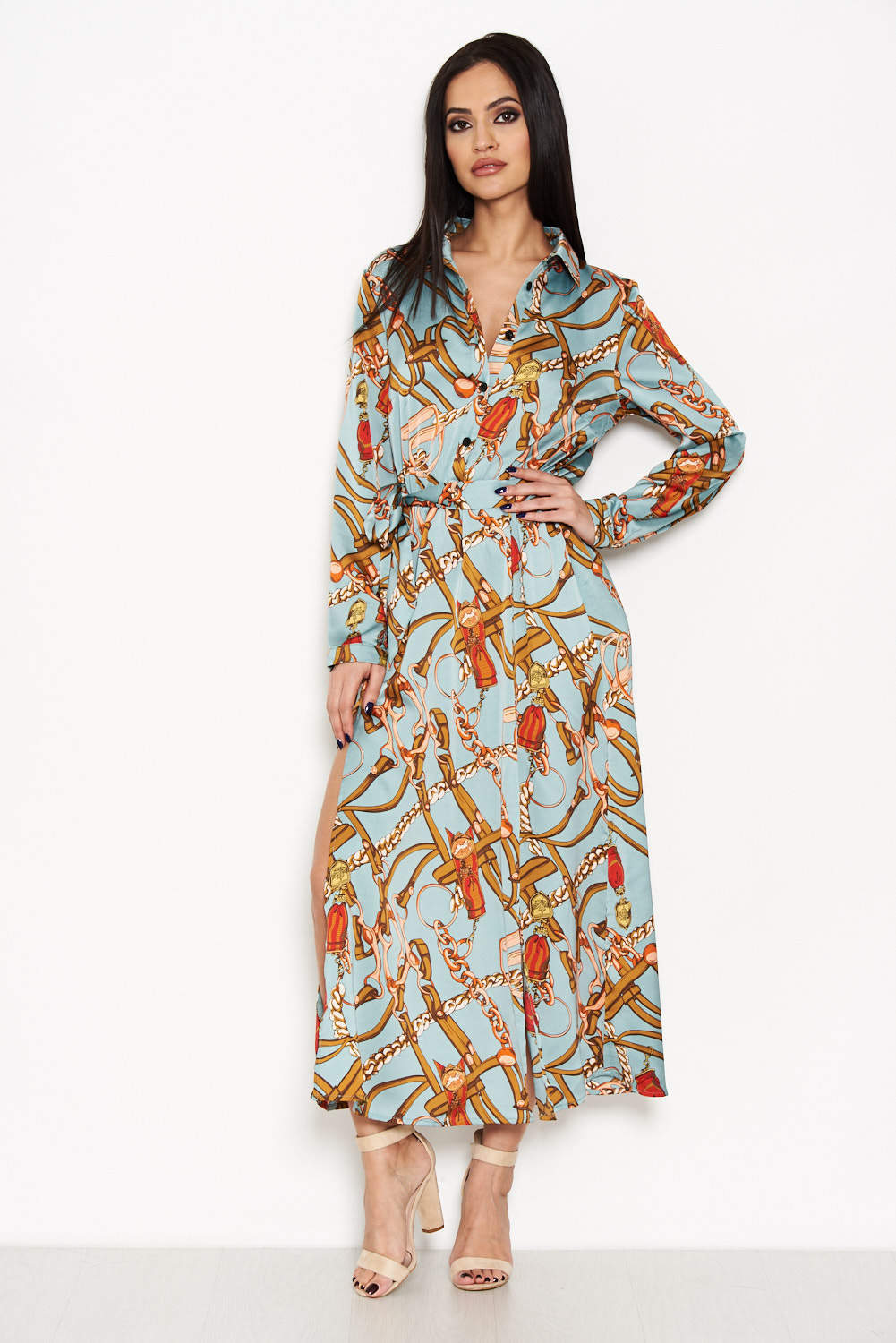 Kikodress - Duck Egg Printed Long Sleeve Shirt Dress