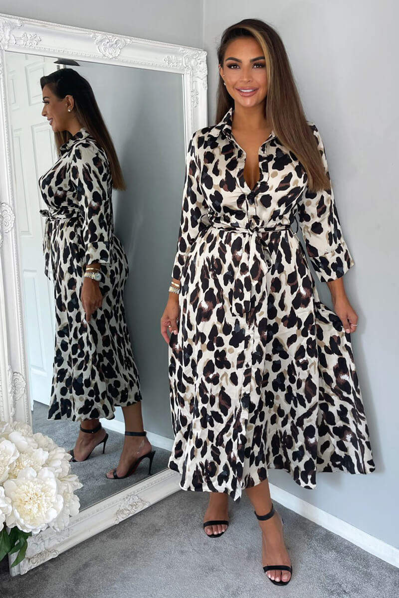 Kikodress - Leopard Print Button Up Midi Dress