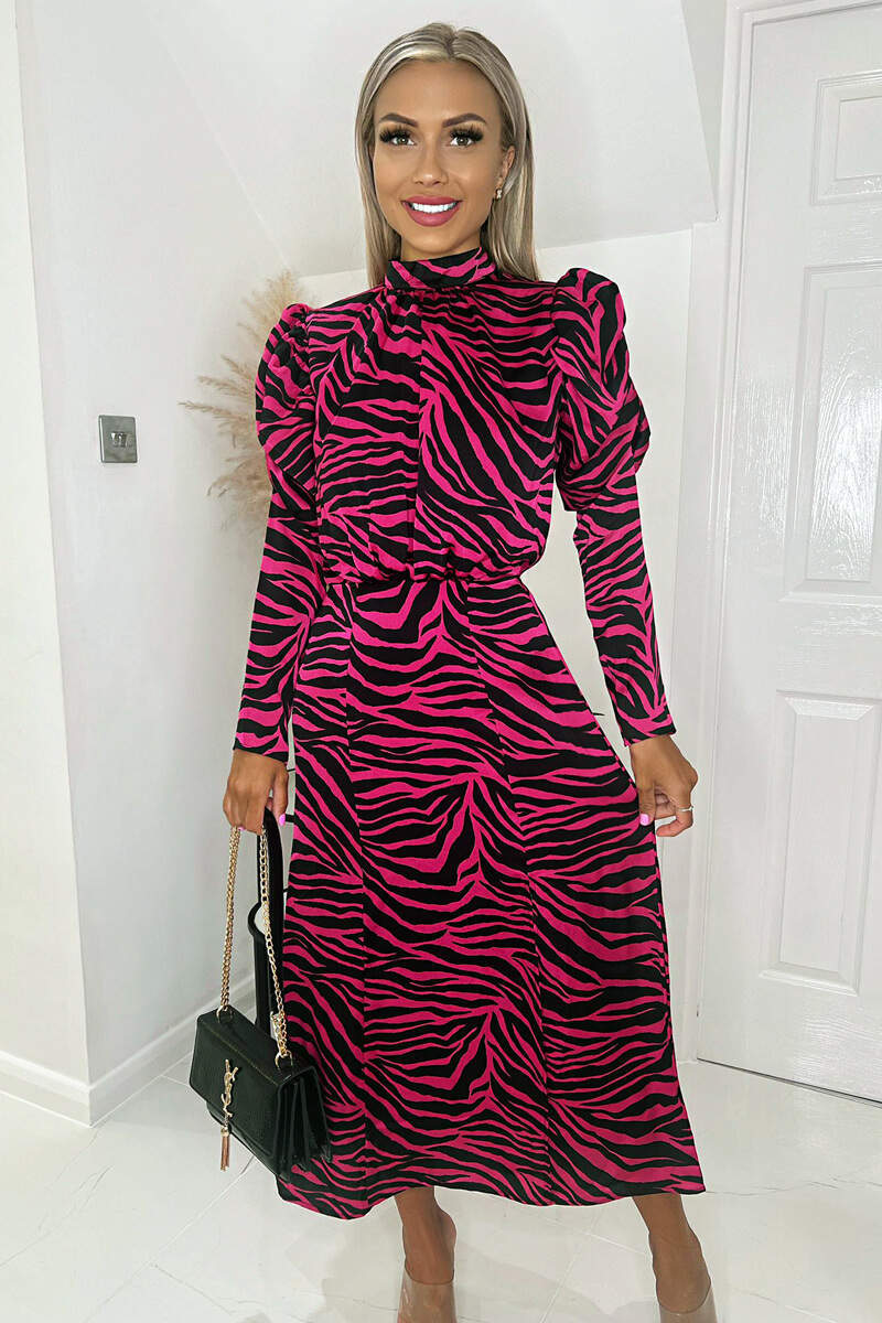 Kikodress - Pink Zebra Print Long Puff Sleeve Midi Dress