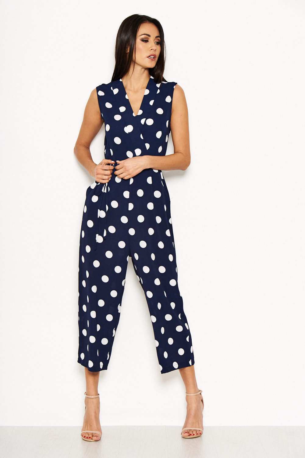 Kikodress - Navy Polka Dot Tie Waist Jumpsuit