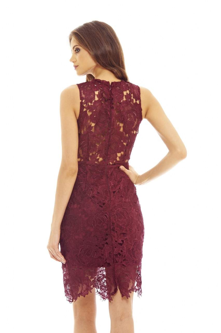 Kikodress - Red Wine Lace Crochet Dress with Sleeveless Detail