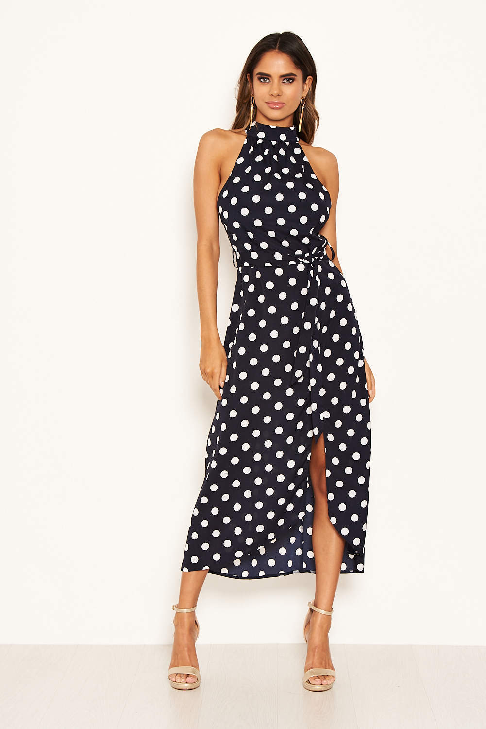 Kikodress - Navy Polka Dot High Neck Slit Front Dress