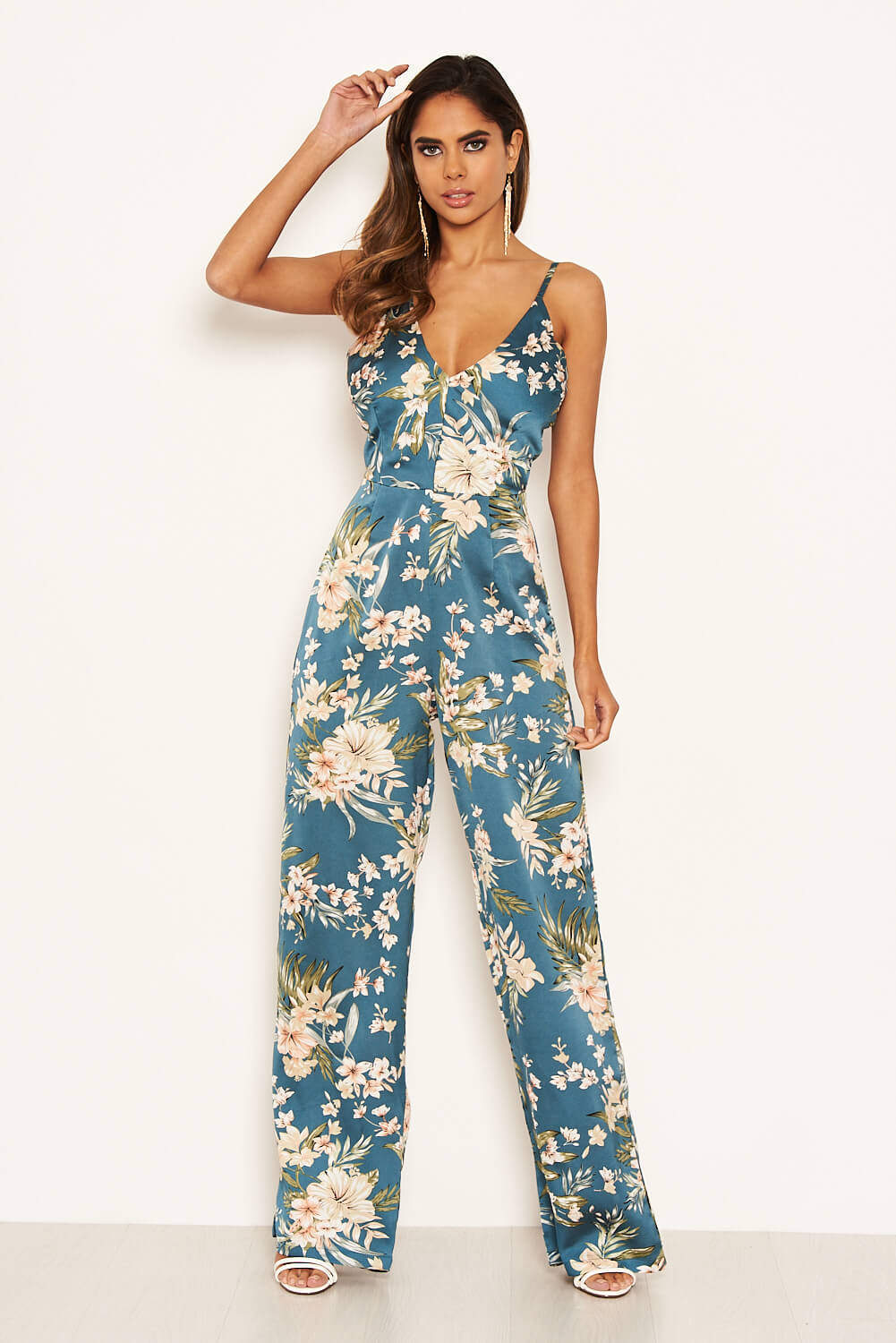 Kikodress - Duck Egg Printed Satin Jumpsuit