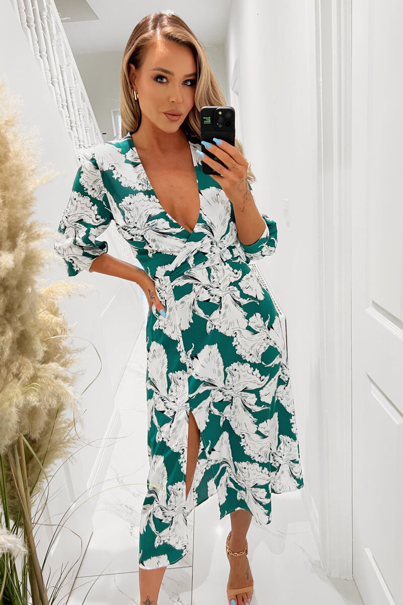 Kikodress - Green And White Floral Print Wrap Top Midi Dress