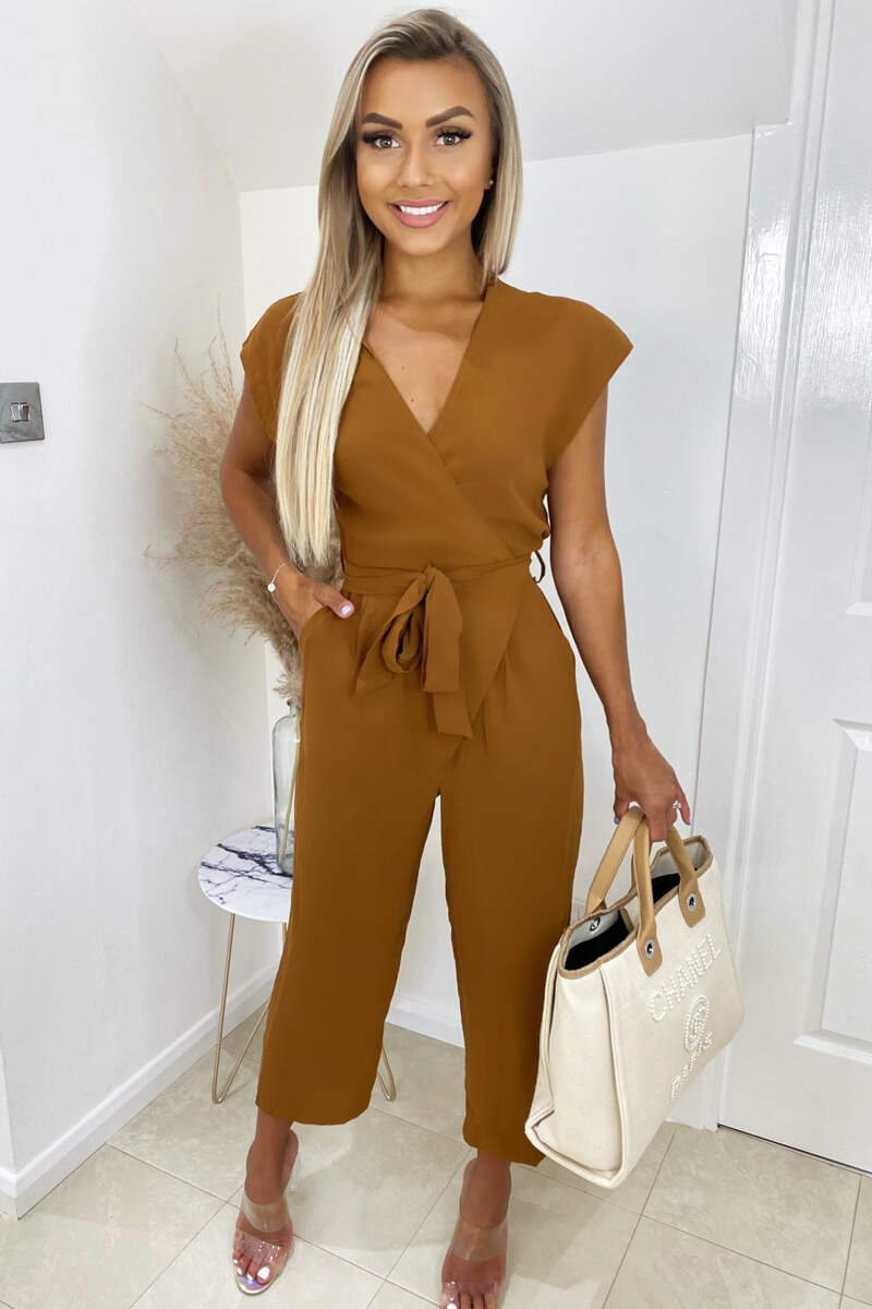 Kikodress - Camel Wrap Tie Waist Jumpsuit
