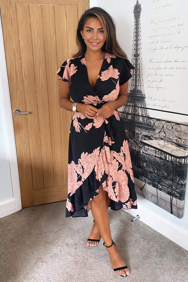 Kikodress - Black and Blush Floral Print Wrap Midi Dress
