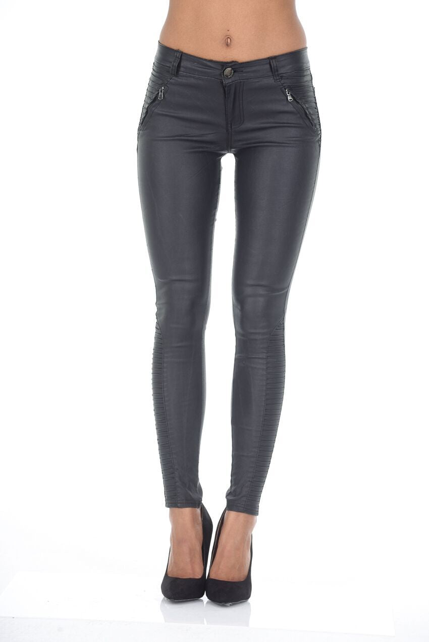 Kikodress - Black Ribbed Leather Look Skinny Jeans
