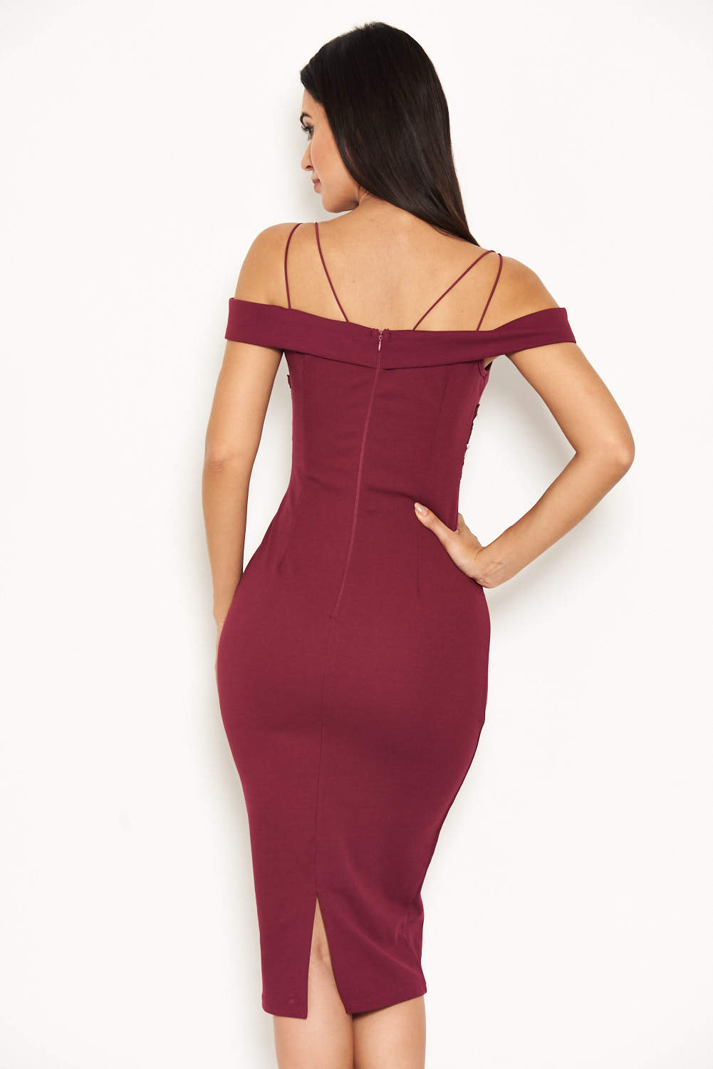 Kikodress - Plum Off The Shoulder Lace Midi Dress With Delicate Straps