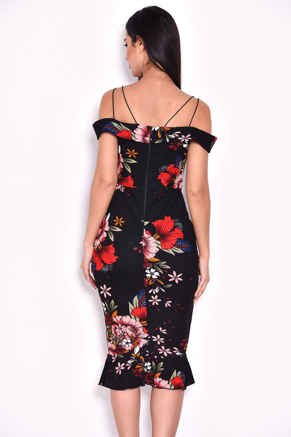 Kikodress - Black Floral Fishtail Midi Dress