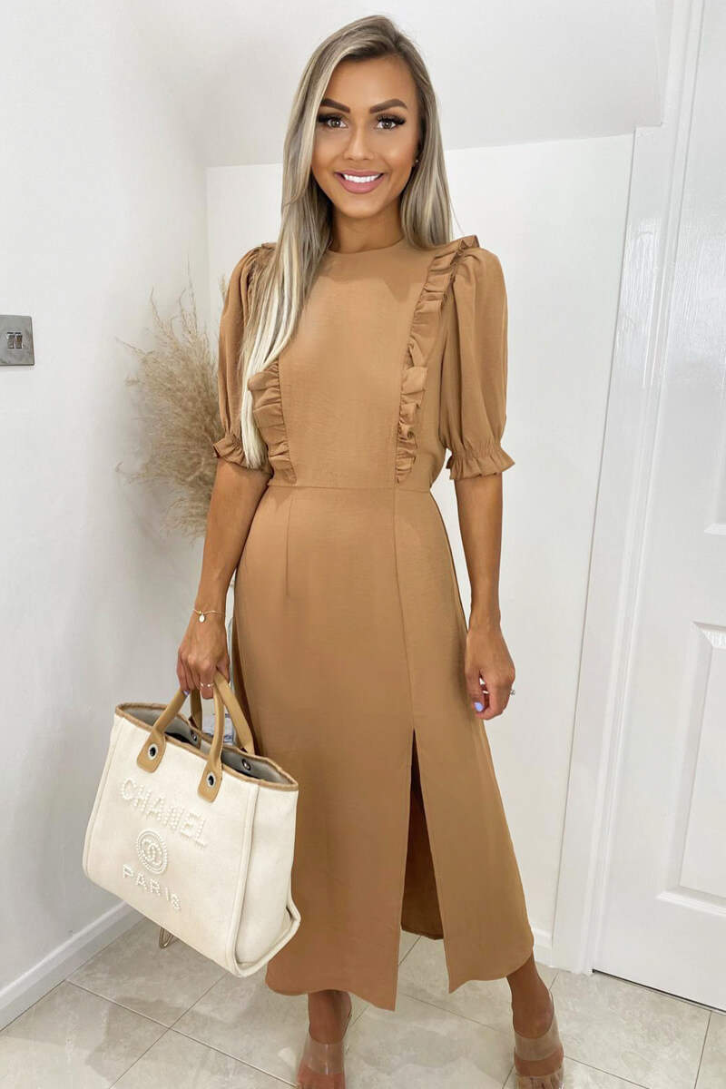 Kikodress - Mocha Ruffle Split Leg Midi Dress