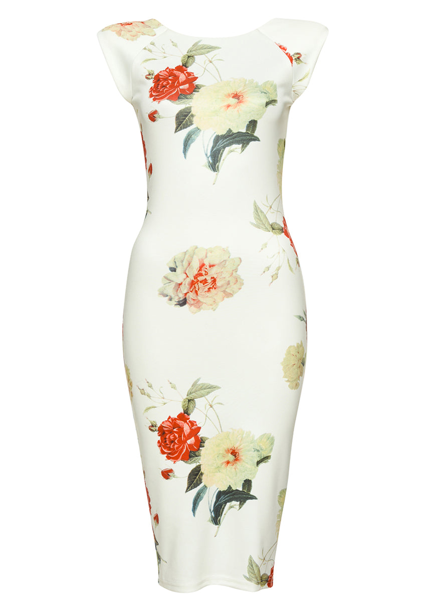 Kikodress - Capped Sleeve Cream Floral Midi Dress