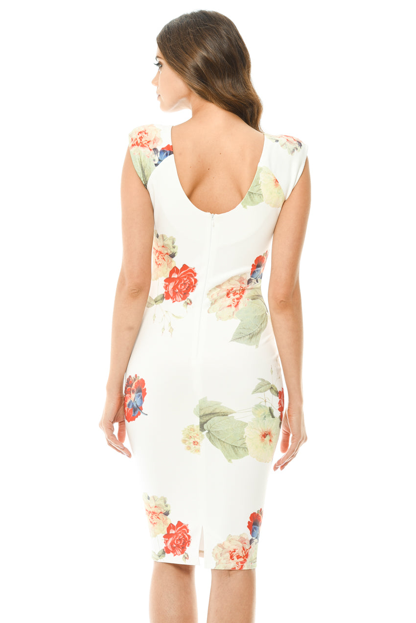 Kikodress - Capped Sleeve Cream Floral Midi Dress