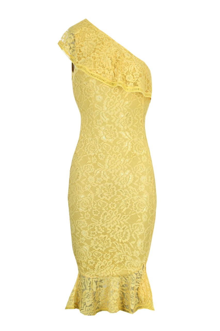 Kikodress - Yellow Lace One Shoulder Frill Detail Midi Dress