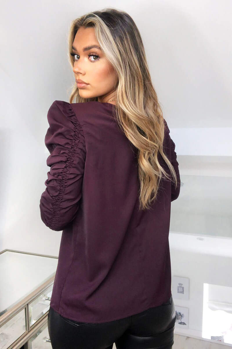 Kikodress - Plum Ruched Sleeve Top