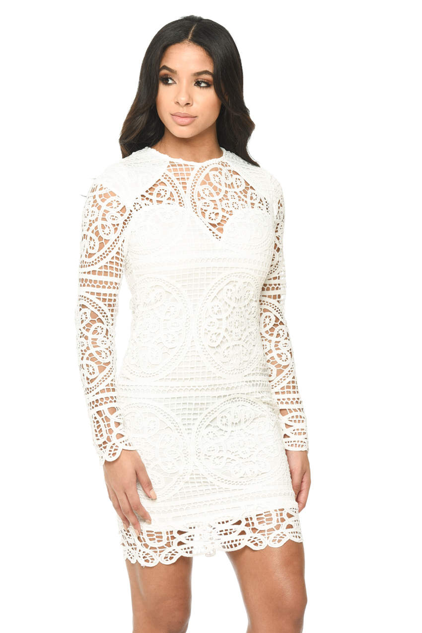 Kikodress - Cream Long Sleeved Crochet Bodycon