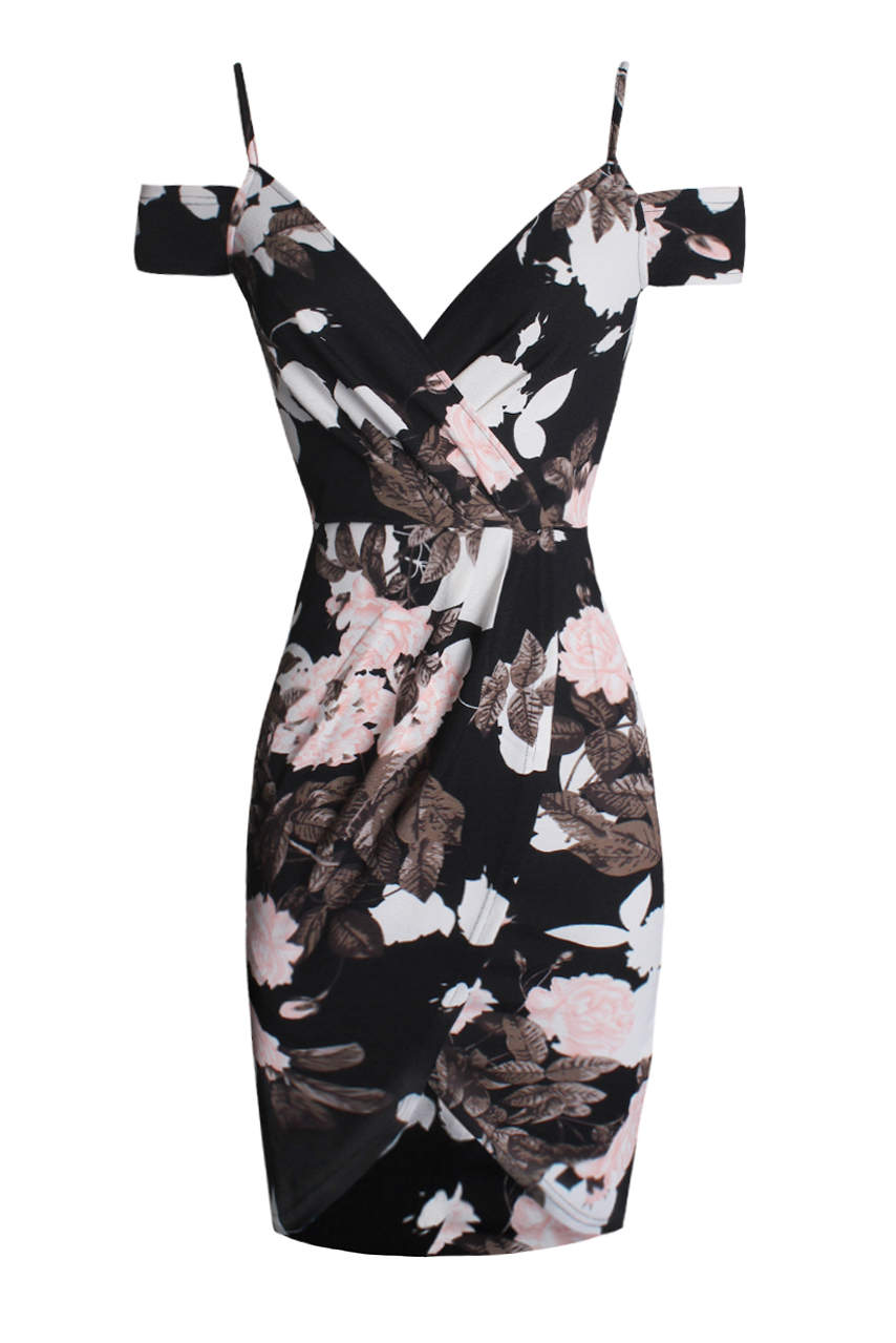 Kikodress - Black Floral Cold Shoulder Midi Dress