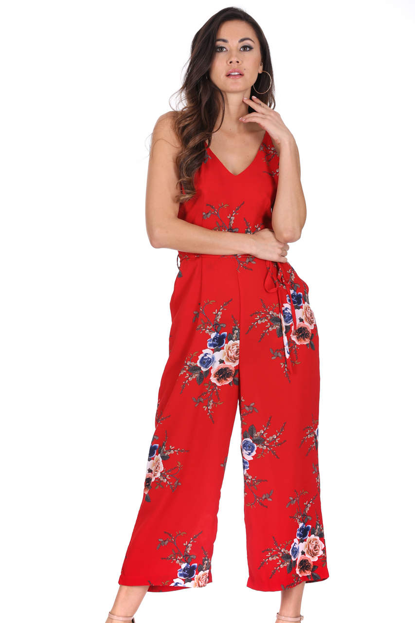 Kikodress - Red Floral Culotte Jumpsuit