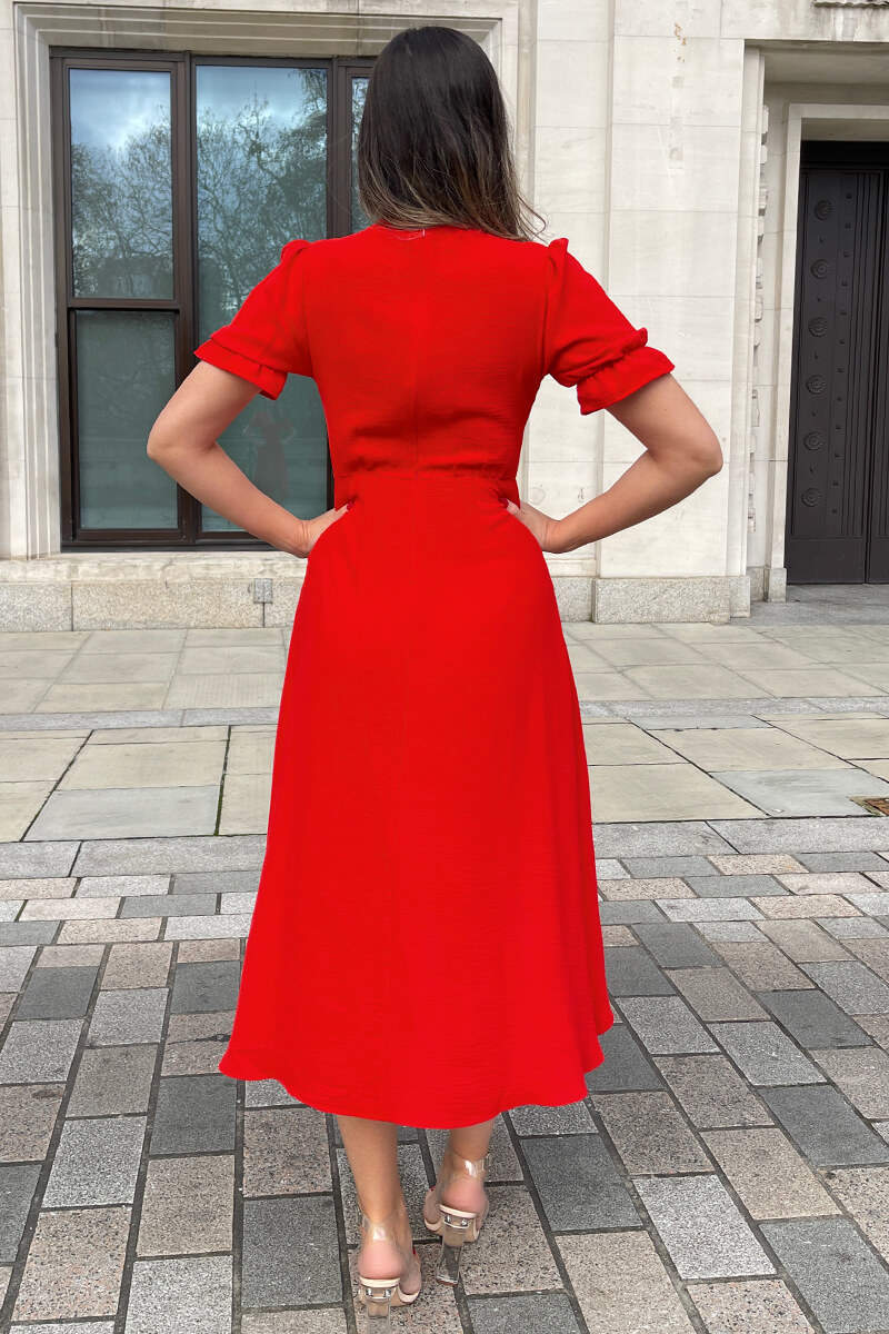 Kikodress - Red Wrap Side Tie Midi Dress
