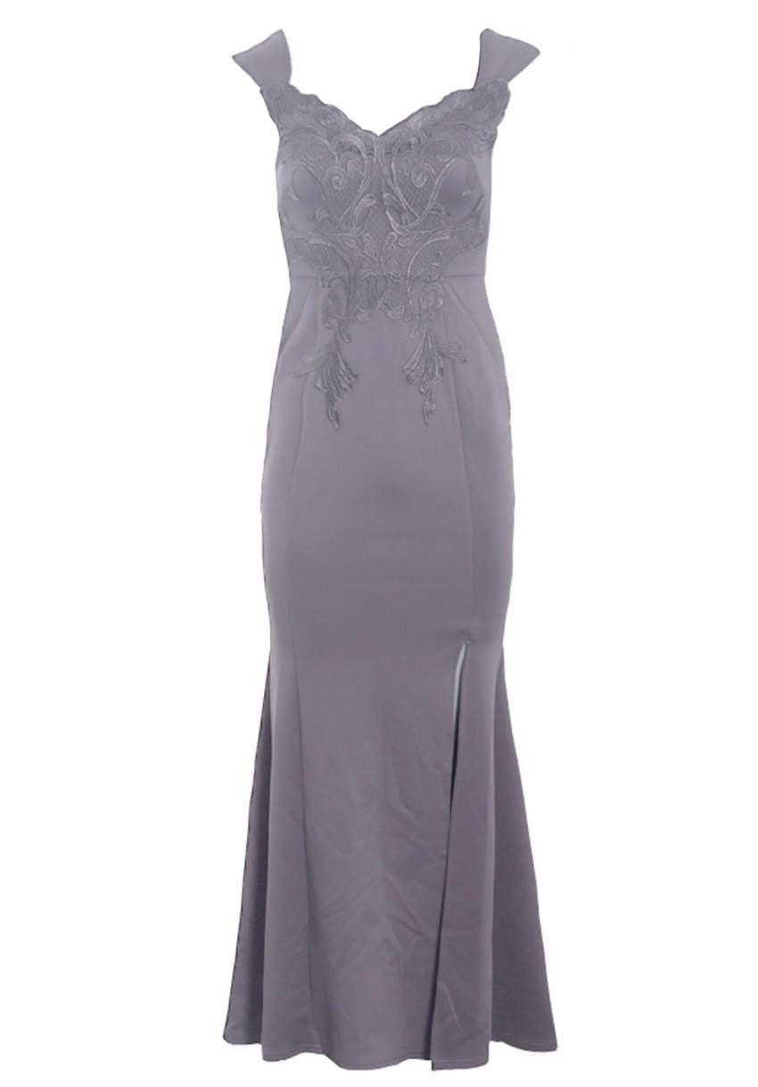 Kikodress - Dark Grey Lace Overlay Maxi Dress