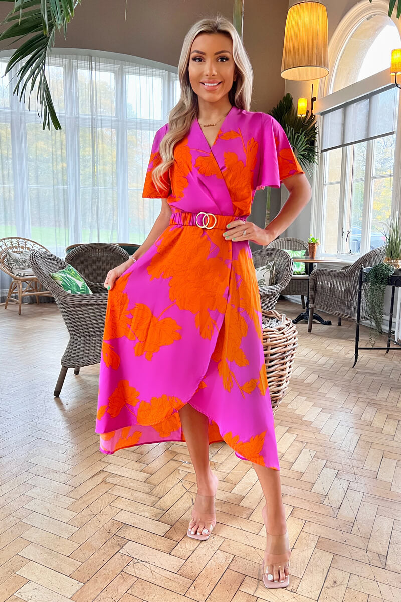 Kikodress - Pink And Orange Floral Print Belted Wrap Midi Dress