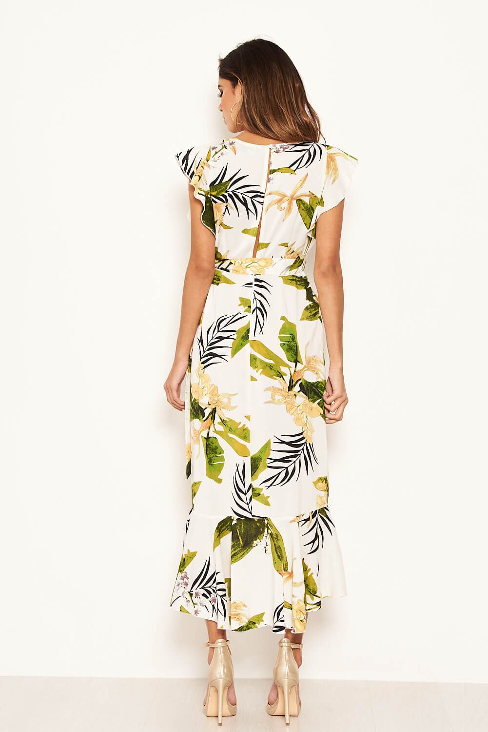 Kikodress - Cream Tropical Print Frill Wrap Dress With D Ring Belt