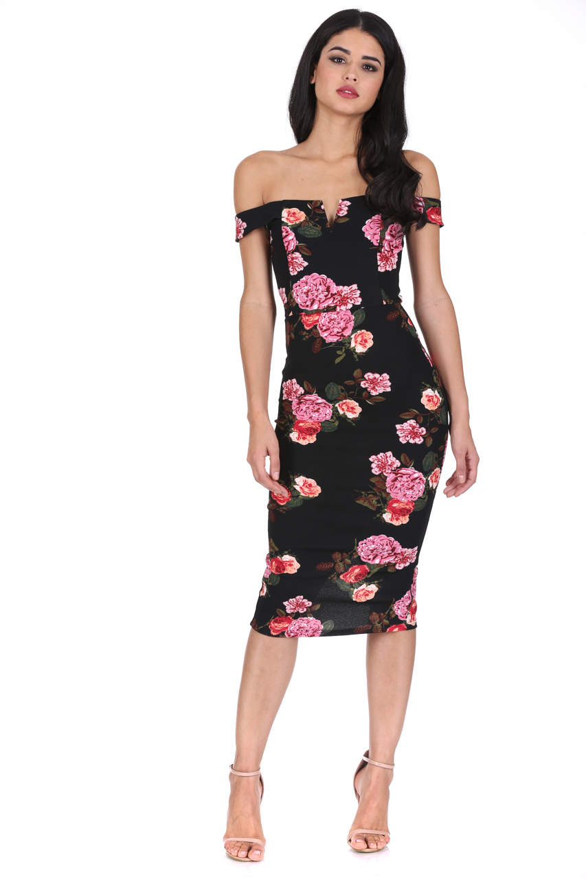 Kikodress - Black Notch Front Off The Shoulder Floral Midi Dress