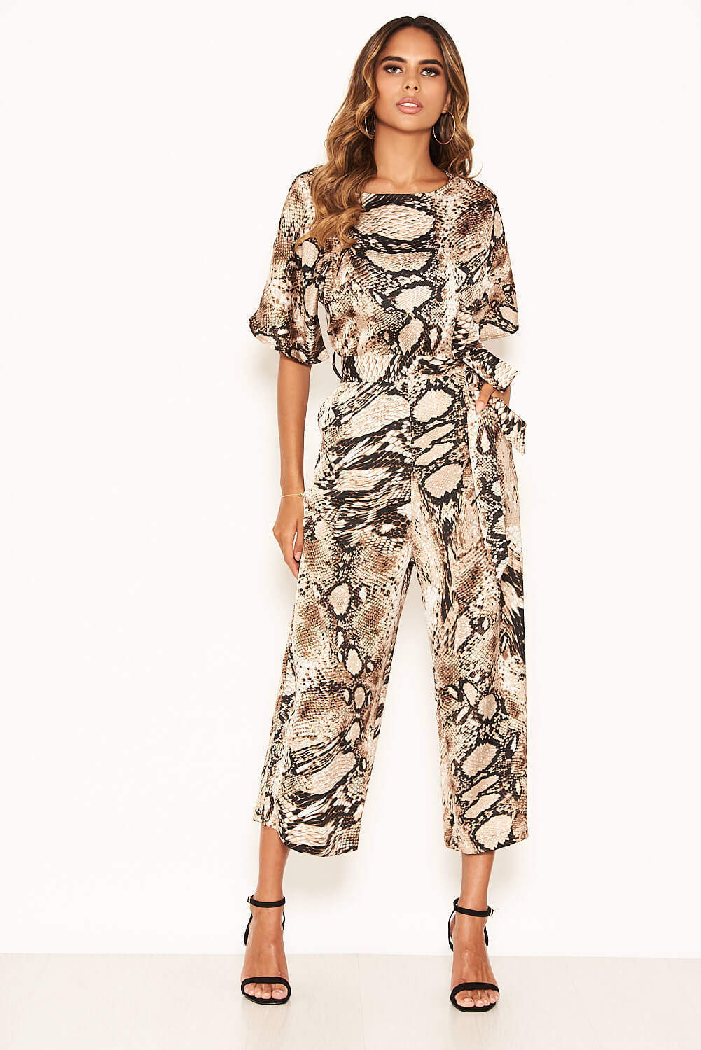 Kikodress - Snake Printed Culotte Jumpsuit With Tie Belt