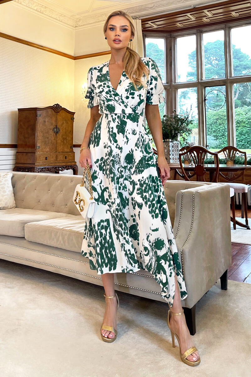 Kikodress - Green And Cream Printed Short Sleeve Wrap Over Midi Dress
